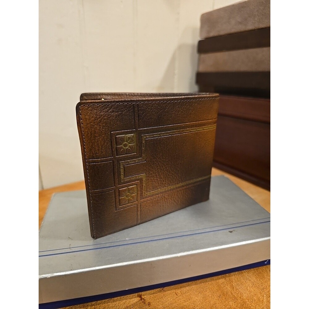 Vintage EK Steerhide Double Fold Mens Wallet Inlaid Details geometric